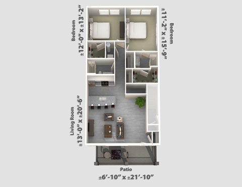 Floor plan for 2 beds, 2 baths, 1951 sqft